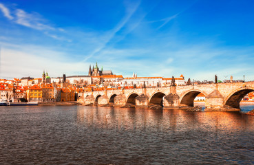 Fototapeta premium A panoramic view of Prague and Charles bridge, Czech