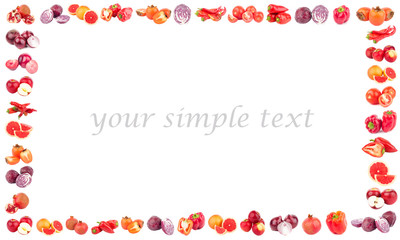 Rectangular frame made from different red fruits and vegetables