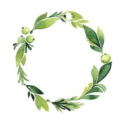 Simple floral wreath. Watercolor green round frame. Isolated on white background