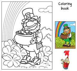 Leprechaun with pot of gold. Coloring book. Cartoon vector illustration