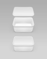 Vector Closed Opened White Blank Food Plastic Box Container for Mayonnaise, Margarine, Cheese, Ice cream, Sour cream with Label For Package Design Mock up Close up Isolated on Background