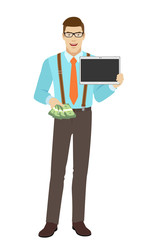 Businessman with cash money holding digital tablet