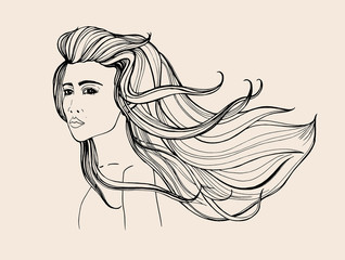 Fashion portrait. Beautiful girl with long flowing hair. Contour hand drawn illustration.