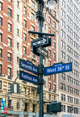 Street signs of Seventh Ave and West 36th street in Manhattan, New York City