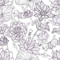Lotus floral seamless pattern. Hand drawn monochrome background.