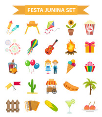 Festa Junina set  icons, flat style. Brazilian Latin American festival,  celebration of traditional symbols. Collection of design elements, isolated on white background. Vector illustration, clip-art