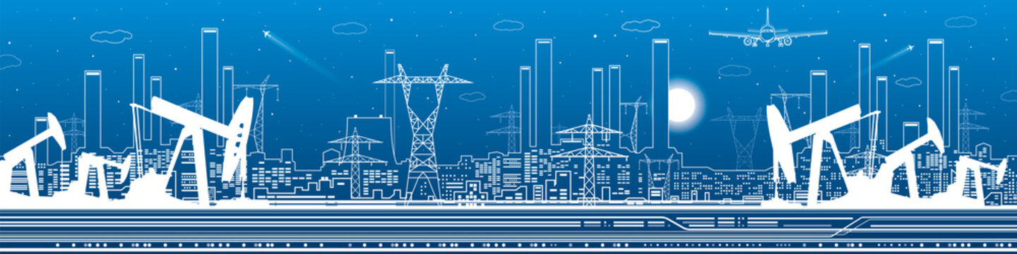 Petroleum and urban panorama, industrial landscape, power plant, vector lines design art