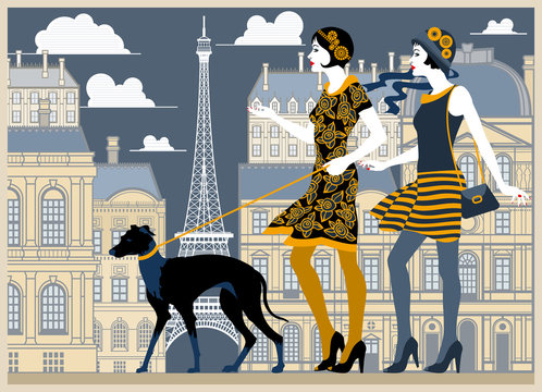 Two flapper girls walking with a dog in the center of Paris. Handmade drawing vector illustration. Retro style.