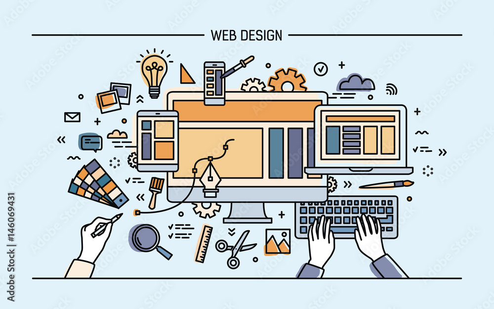 Poster web development, line art banner. site with responsive design. colorful flat vector illustration.