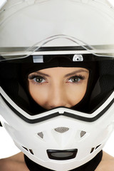 Sexy woman with motorcycle helmet.