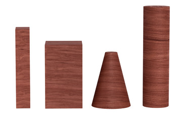 Red color wood 3D rendering of geometric figures isolated on white.