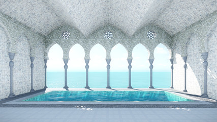 3d render from imagine arabic pool sea view center view - obrazy, fototapety, plakaty