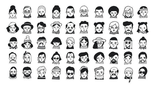 Big set of people avatars for social media, website. Doodle portraits fashionable girls and guys. Trendy hand drawn icons collection. Black and white vector illustration.