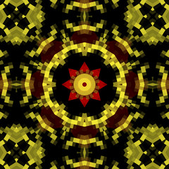 Stained glass figure, red, gold on a dark background, mosaic