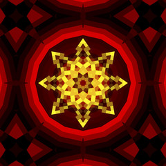 Stained glass figure, red, gold on a dark background, mosaic