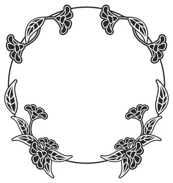 Black and white round frame with floral silhouettes.  Vector clip art