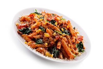 Pasta with tomato sauce and corn