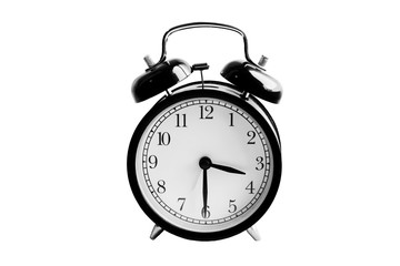 Alarm clock with beep sound isolated on white. Vintage round mechanical watch. The time in retro style. The device, which reliably Wake a person. Minutes and seconds on the dial. 