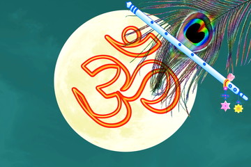 oim icon  peacock feather and flute over moon background © gv image