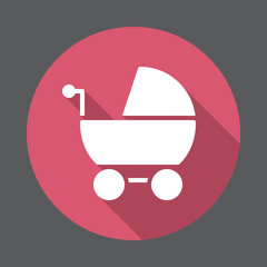 Stroller, pram flat icon. Round colorful button, circular vector sign with long shadow effect. Flat style design