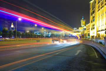 Fototapeta na wymiar City road surface floor with City building of night scene