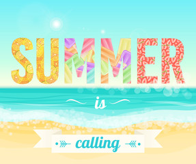 Colorful Summer is calling words on the background of the sea beach. Exotic banner, poster, flyer, card, postcard, cover brochure Vector illustration.