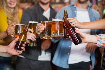 Friends toasting beer glasses and bottles in pub
