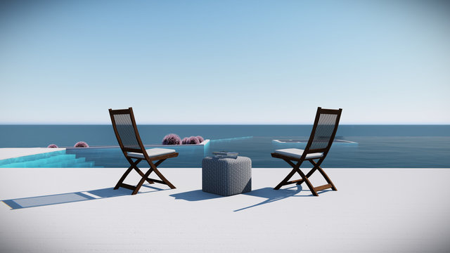 3d render modern pool villa sea view  center
