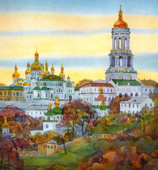 Obraz premium Watercolor cityscape. Monastery on steep hill at autumn evening