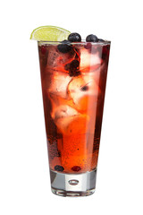 Alcoholic cocktail with berries and ice. Strong alcoholic drink on a white background