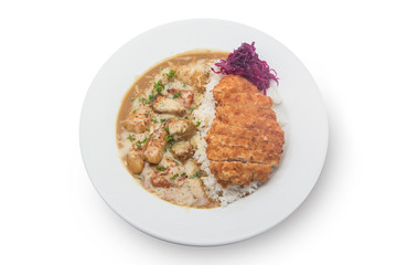 Rice with fried pork Curry on white dish
