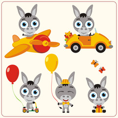 Set isolated donkey for holiday design. Little donkey in airplane, car, with balloons and gifts. Collection funny donkey in cartoon style for children holiday and birthday.