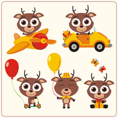 Set isolated deer for holiday design. Little deer in airplane, car, with balloons and gifts. Collection funny deer in cartoon style for children holiday and birthday.
