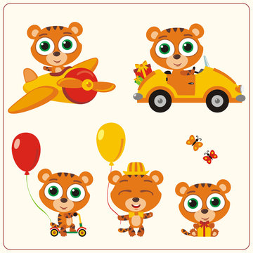 Set isolated tiger for holiday design. Little tiger in airplane, car, with balloons and gifts. Collection funny tiger in cartoon style for children holiday and birthday.