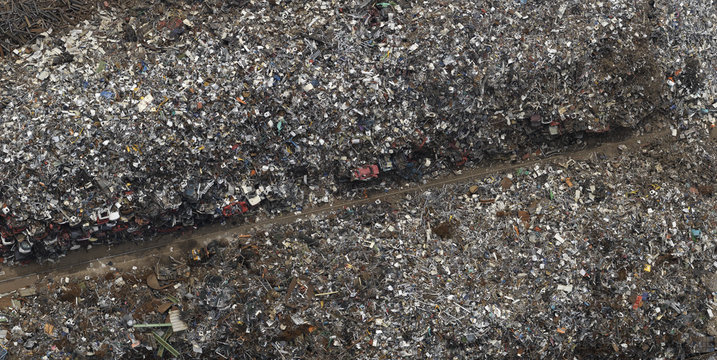 Directly above view of scrap metal yard, Duisburg, North Rhine-Westphalia, Germany
