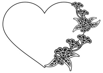 Heart-shaped black and white frame with floral silhouettes.  Vector clip art.