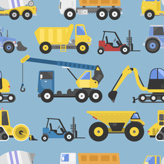Construction equipment seamless pattern machinery with trucks flat yellow transport vector illustration