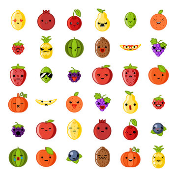 Cute emoji smile fresh fruit apple cherry watermelon kiwi strawberry lemon peach pear banana healthy food natural vitamins cartoon children characters flat design icons vector illustration