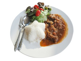 Beef meat stewed with rice and vegetable isolated on white background.