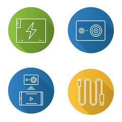 Action camera flat linear long shadow icons set