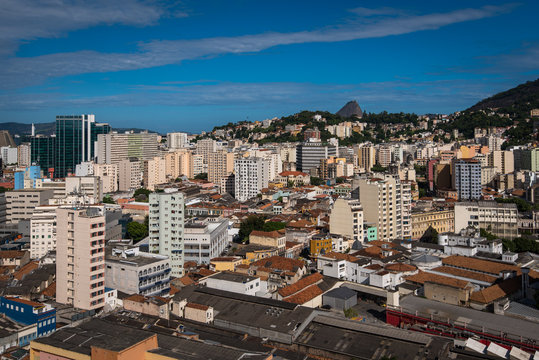 Aerial View of Rio de Janeiro City Center, Top of the Sugarloaf Mountain Can Be Seen in the Horizon