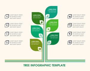 Tree infographic with icons, numbers and placeholder text. Green business diagram, and template. Vector timeline and industry growth chart. - 146090039