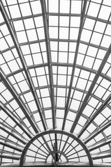 Arched curve steel roof frame structure pattern and texture in monochrome.
