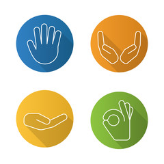 Fototapeta premium Hand gestures flat linear long shadow icons set