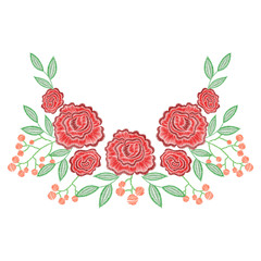 Embroidery stitches with rose flowers, berries for neckline. Vector fashion embroidered ornament, pattern for textile, fabric traditional folk decoration.