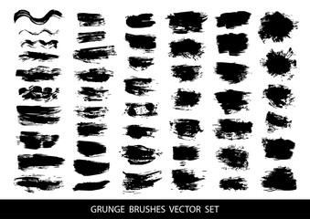 Set of black paint, ink brush strokes, brushes, lines. Dirty artistic design elements, boxes, frames for text.  Vector illustration.