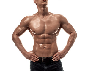 Fototapeta premium Part of a man's body on a white background with copyspace