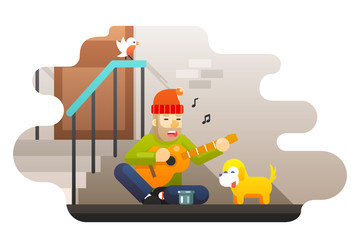 Homeless poor man plays guitar about hard life hunger cold asks for help compassion music dog street wall door bird ladder background flat design vector illustration