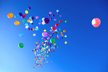 Naklejka premium Kolorowi balony lata w nieba przyjęciu