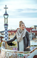 traveller woman at Guell Park in Barcelona looking into distance - obrazy, fototapety, plakaty
